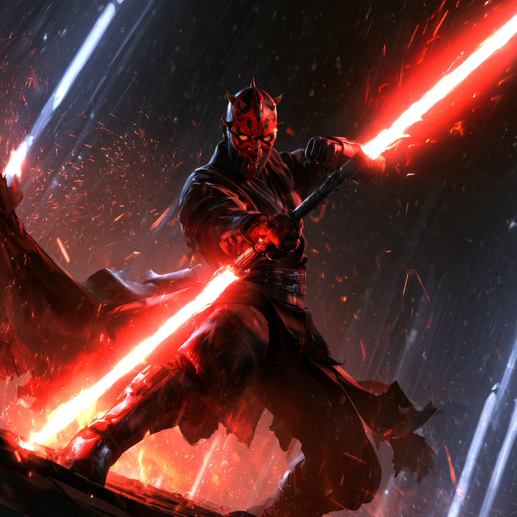 Illustration von Darth Maul mit einem roten Doppelklingen-Lichtschwert im Regen.