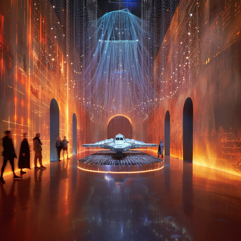 Konzeptillustration einer immersiven Star-Wars-Ausstellung mit einem Raumschiff und orange-blauer Beleuchtung.
